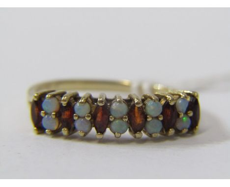 9ct YELLOW GOLD OPAL &amp; GARNET ETERNITY STYLE RING, 5 pairs of opals each separated by a marquise cut garnet, size O/P 