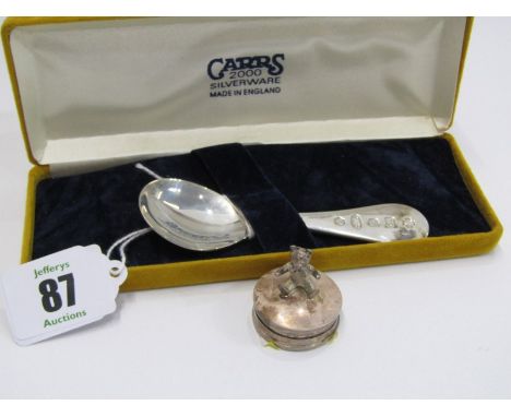 SILVER MINIATURE TEDDY BEAR CRESTED PILL BOX; also cased silver millennium caddy spoon 