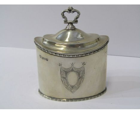 GEORGIAN DESIGN SILVER OVAL TEA CADDY, bright cut decoration with regimental presentation inscription dated 1941, Chester 190