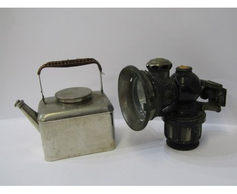 VINTAGE LAMP, Lucas King of the Road, no 260N, carbide lamp together with patent picnic kettle with woven cane handle 
