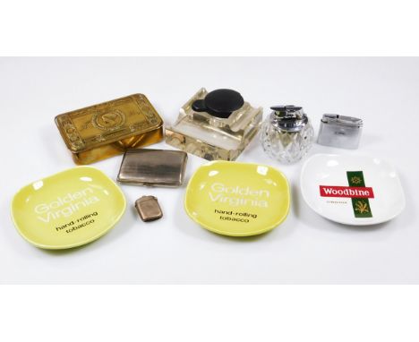 A WW1 brass Queen Mary chocolate tin, 14cm wide, table lighter, ashtrays, miniature vesta case, etc. (a quantity)