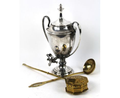 An early 20thC chrome plated samovar, with cylindrical stem, compressed domed lid, egg shaped body fronted by a tap and flank