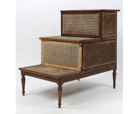 A 19thC library or bed step, in three sections with bergere frontage to each upper step with lift up lids and plain interiors
