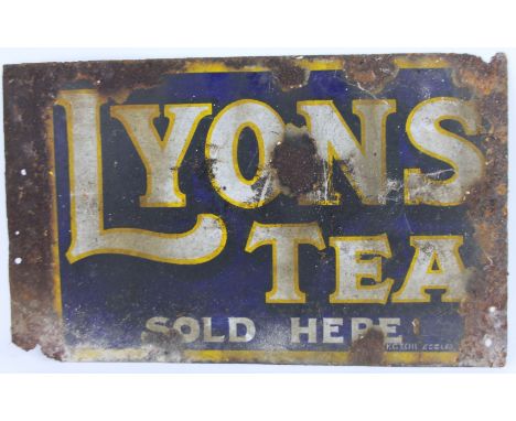 An early to mid 20thC LYONS TEA SOLD HERE enamel sign, in blue and yellow colour way, 31cm x 48cm.