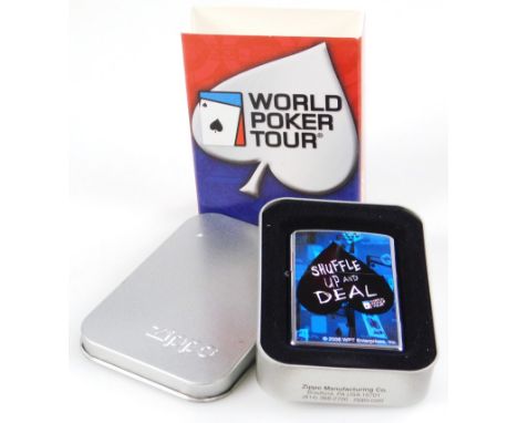 A Zippo World Poker to A Shuffle Up And Deal 2006 lighter, 6cm high. (in tin and outer card packaging)