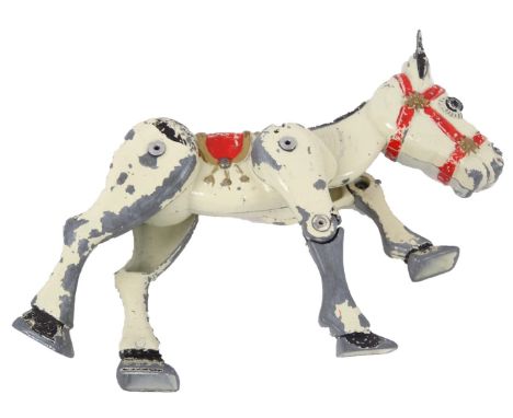 A mid 20thC articulated Muffin The Mule metal puppet, partially strung, 16cm wide. (unboxed and playworn)
