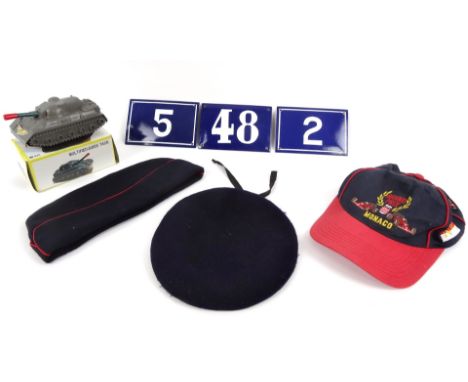 Three enamel number plaques in blue and white, a Commando Para style beret, Monaco Grand Prix hat, etc. (a quantity) 