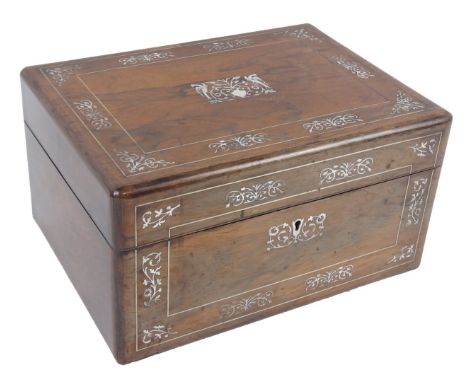 A mid 19thC rosewood and mother of pearl jewellery casket, the rounded lid hinging to reveal a part fitted interior with secr