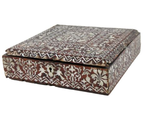 A 19thC Anglo Indian box, of cushioned square outline, profusely decorated with mother of pearl sections of stylized animal s