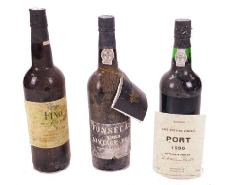 A bottle of Foneseca Vintage Port 1983, 75cl, Waitrose bottled vintage Port 1990 and Waitrose Fino Pale Dry Sherry. (3)