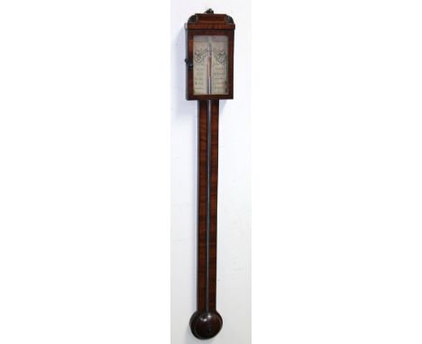 A 19thC mahogany stick barometer, the rectangular top with a paper insert, surmounted by carved quarter shells with a boxwood