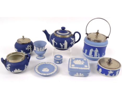Various blue and white Jasperware, to include dark blue three piece Adams tea service, with teapot 14cm high, etc., a two col