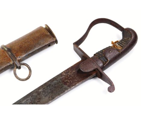 A Flank Officer's saber sword, with shaped blade and scabbard, turned handle and ear shaped guard, 94cm wide.