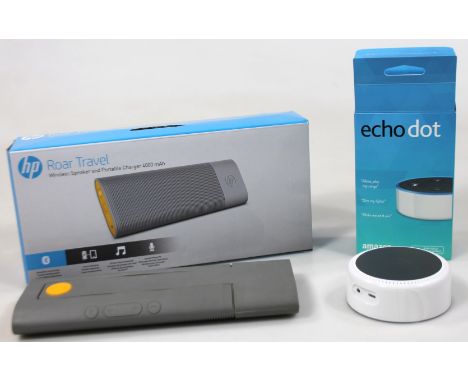 A HP Roar Travel wireless speaker and portable charger 4000MAH, and an Echo Dot. (2, boxed)