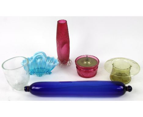 Various glassware, to include a Bristol Blue style rolling pin of typical outline, 42cm wide, vases, shell shaped basket, tex