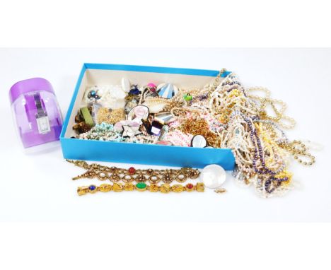 A quantity of modern costume jewellery, to include gold plated wedding band, faux pearl necklaces, earrings, modern wristwatc