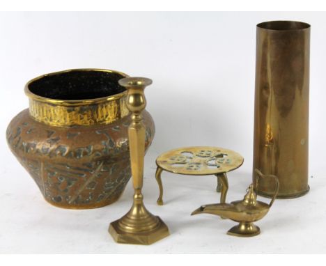 Various brassware, etc, late 19thC Eastern jardiniere or spittoon, 22cm high, shell case, trivet, candlestick, and an Aladdin