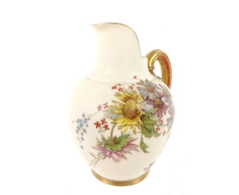 A early 20thC Royal Worcester blush ivory jug, with beak spout, strap work C scroll handle and shaped body, decorated with su