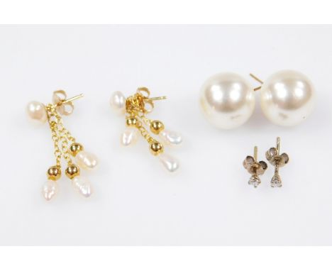 Three pairs of earrings, to include a pair of silver white stone studs, cultured pearl and 9ct gold earrings, and a pair of f