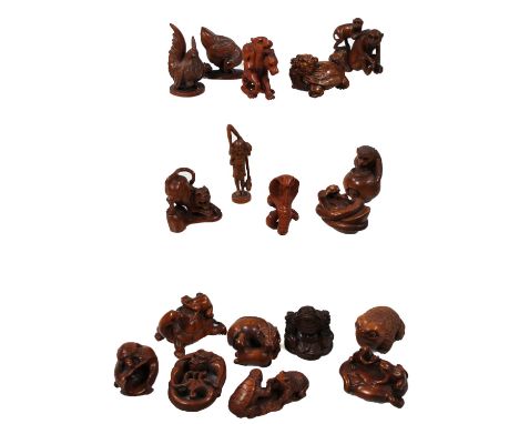 Various modern wooden Japanese netsuke and other figures, to include turtle on naturalistic setting 3cm high, monkeys, python