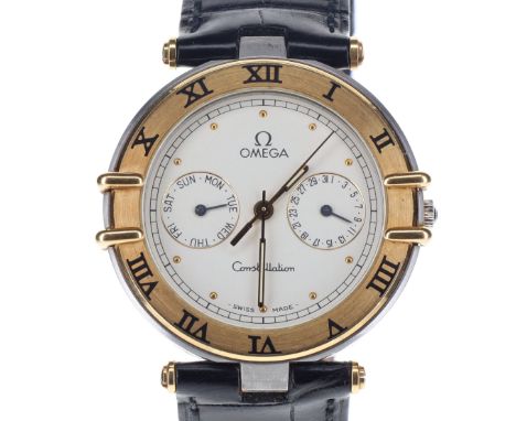 Omega - Constellation Day/Date Steel & 18K Gold Bezel Quartz Watch. Omega Signed ETA Cal. 255.471 quartz movement.  Watch Ref