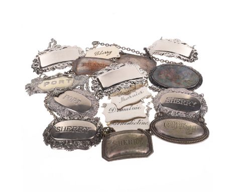 Assorted Silver Plated Decanter Labels,  including a blank, sherry, gin and port. The total number of items in this lot is 16