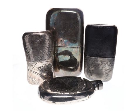 Antique Hip Flask Collection including, silver plate, pewter and leather pieces. Some signs of damage evident in photographs.