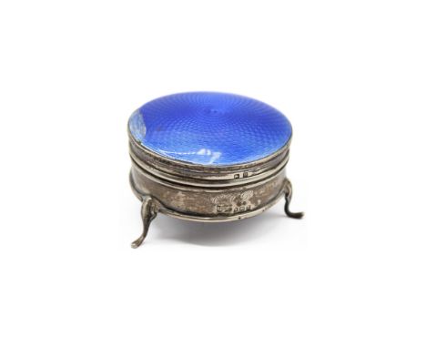 Art Deco Sterling Silver Blue Guilloche  Enamel Trinket & Jewellery Box, Makers Mark reads as Mappin & Webb. Personal engravi