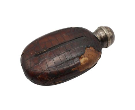 Antique Edwardian Sterling Silver Brown Leather Hip Flask, Maker's Mark reads as Charles Westwood & Sons. Oval design with a 