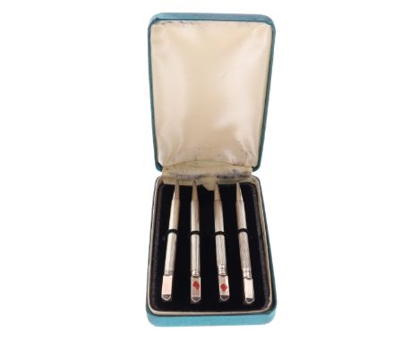 Set of 4 Sterling Silver Cribbage Pencils with Enamel Detail, Original Box. The pencils are untested and show signs of use an