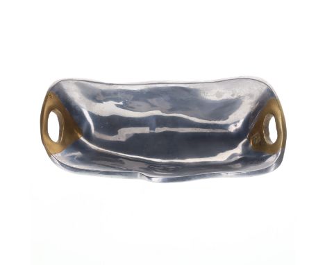 David Marshall Vide-Poche Aluminium &amp; Brass Signed Brutalist Tray Dish with leather bottom branding. There is a few scrat