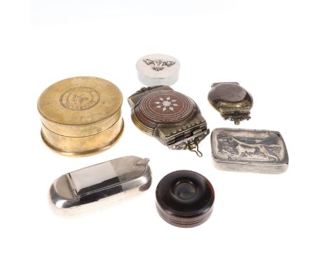 Antique and Vintage Tobacciana Snuff Box Collection, including brass, silver plated, papier mache souvenir. The total number 