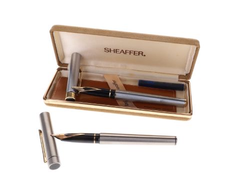 Sheaffer Targa Fountain Pen Pair, 14ct Gold Nibs, Brushed Steel Casing. Both pens are Dip tested &amp; Writing. The pens are 