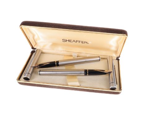 Sheaffer Targa Fountain Pen Pair, 14ct Gold Nibs, Brushed Steel Casing. Both pens are Dip tested &amp; Writing. The pens are 