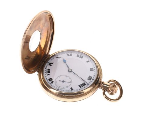 Vintage Rolled Gold Half Hunter Hand Wind Pocket Watch, in working condition.