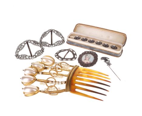Antique Ladies Vanity & Accessories Collection,  including buckles, paste, miniature portrait. The total number of items in t