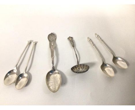 A group of silver spoons including an early 20thc souvenir spoon inscribed Philadelphia to bowl, with a native American to ha