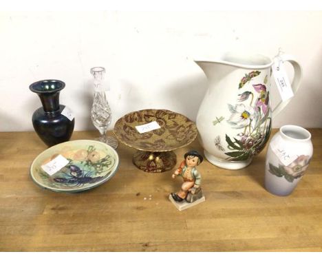 A mixed lot of china including a Portmerion water jug (23cm), a Royal Copenhagen bud vase, a Goebel figurine, a cut glass bud