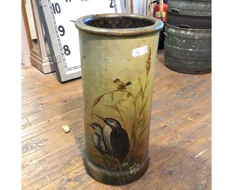A late 19thc/early 20thc ceramic painted stick/umbrella stand, the exterior with birds and wild grasses, the interior japanne