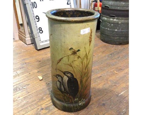 A late 19thc/early 20thc ceramic painted stick/umbrella stand, the exterior with birds and wild grasses, the interior japanne