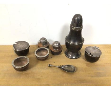 A 1960s Edinburgh silver mounted condiment set, makers mark, EHK, includes two wooden bodied condiments with silver lids, two