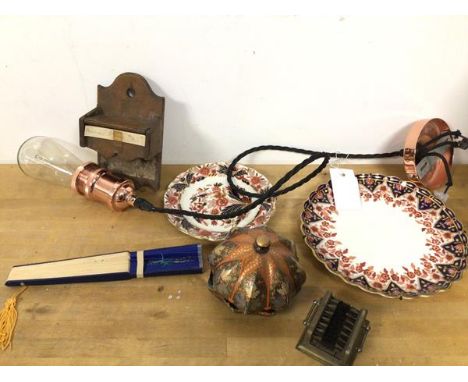 A mixed lot including two Imari palette scalloped edge plates (21cm) and a copper pendant light, a 1920s wall mounted matchbo