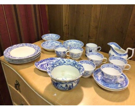 A collection of blue and white china including a 19thc bowl with flared rim (a/f) (8cm x 15cm), six tea cups,  five shallow b