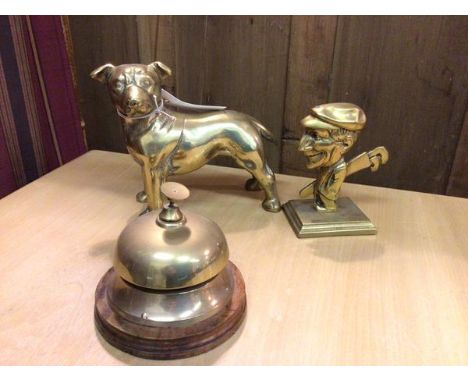 A collection of brass items including a brass dog table ornament (15cm x 20cm x 9cm), a novelty Golfer table ornament and ser