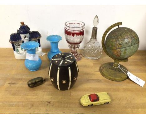 A mixed lot including a early 20thc scent bottle with silver collar (20cm), a small table globe, c.1930s, a pair of blue glas