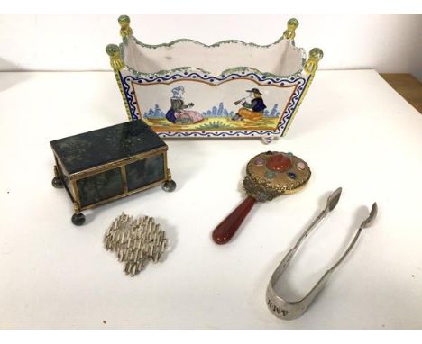 A mixed lot including a Hanriot Quimper trough, in traditional style, a trinket box with moss agate panels, a hand mirror wit