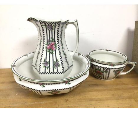 A late 19thc wash basin and ewer, with chamber pot, all marked Shancock &amp; Sons Argosy pattern (ewer: 33cm)