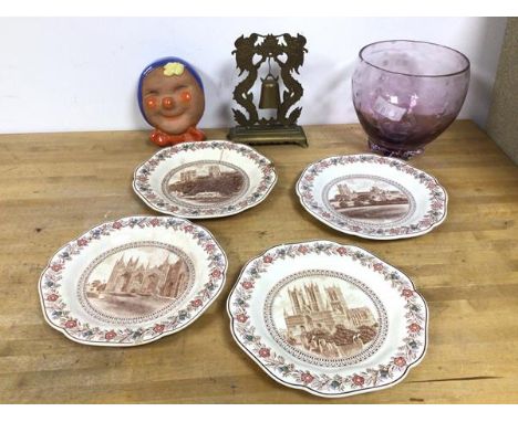 A mixed lot including four LNER Cathedral series desert plates by Wedgwood (23cm), an amethyst coloured glass bowl, a wall pl