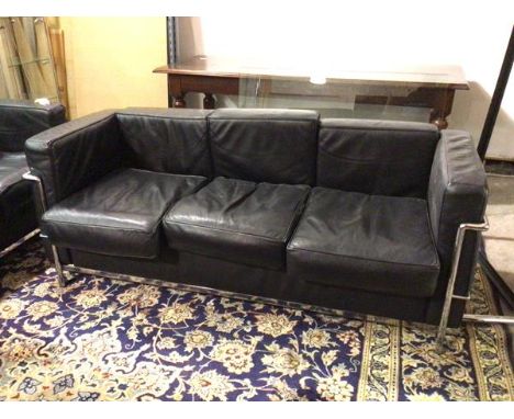 A Le Corbusier style sofa with black leather back, arms and seats, on chrome tubular frame and supports (68cm x 177cm x 80cm)