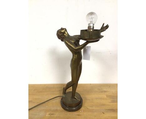 An Art Deco gilt metal figure, Woman holding Light, on marble base (42cm)